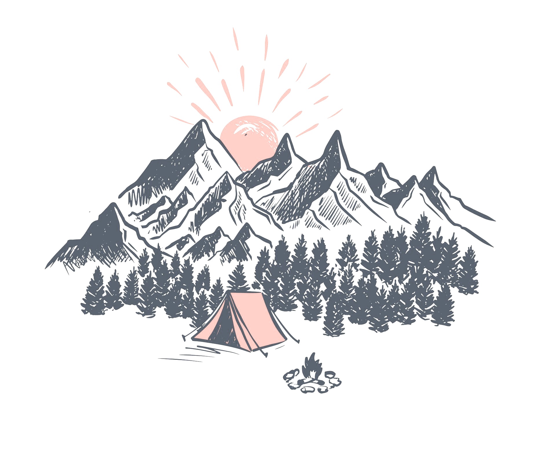 A camping scene with a tent, campfire, and mountains in the background.